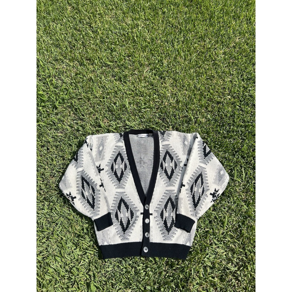 Saturdays Cardigan Mens XL Tribal Aztec Black White 90s VTG Grandpa Sweater
